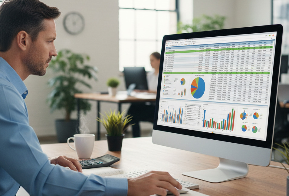 Hombre analizando gráficos y datos en un ordenador de oficina.