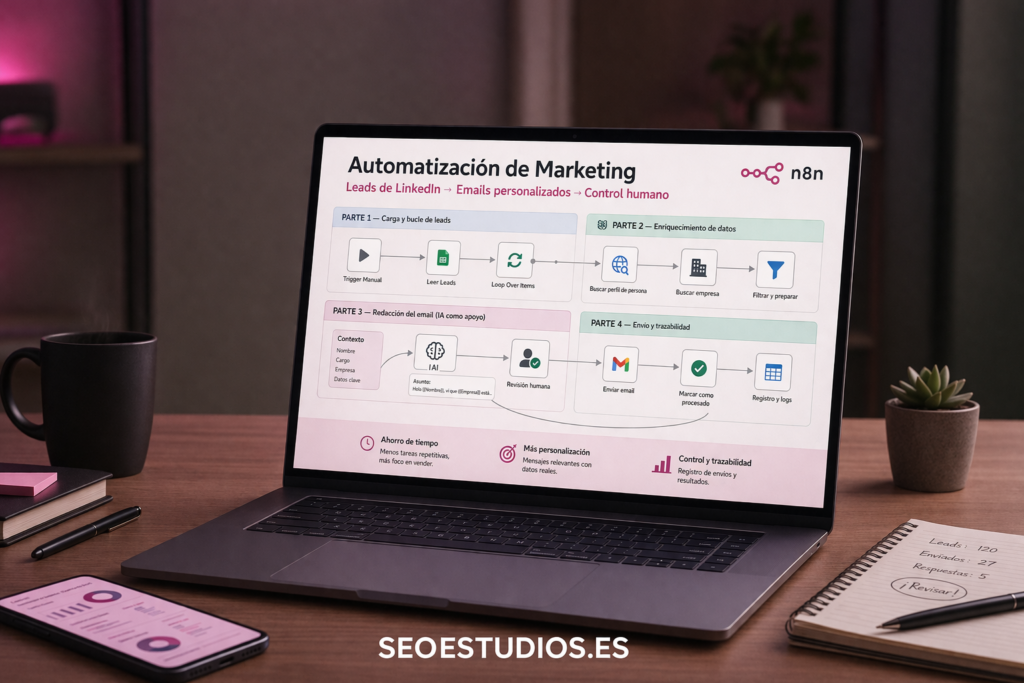 Flujo de automatización de marketing con captación de leads, personalización de emails y control de envíos en SEOestudios