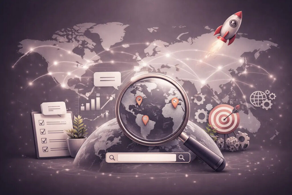 SEO internacional: Mapa mundial con lupa, conexiones globales y elementos de análisis digital.