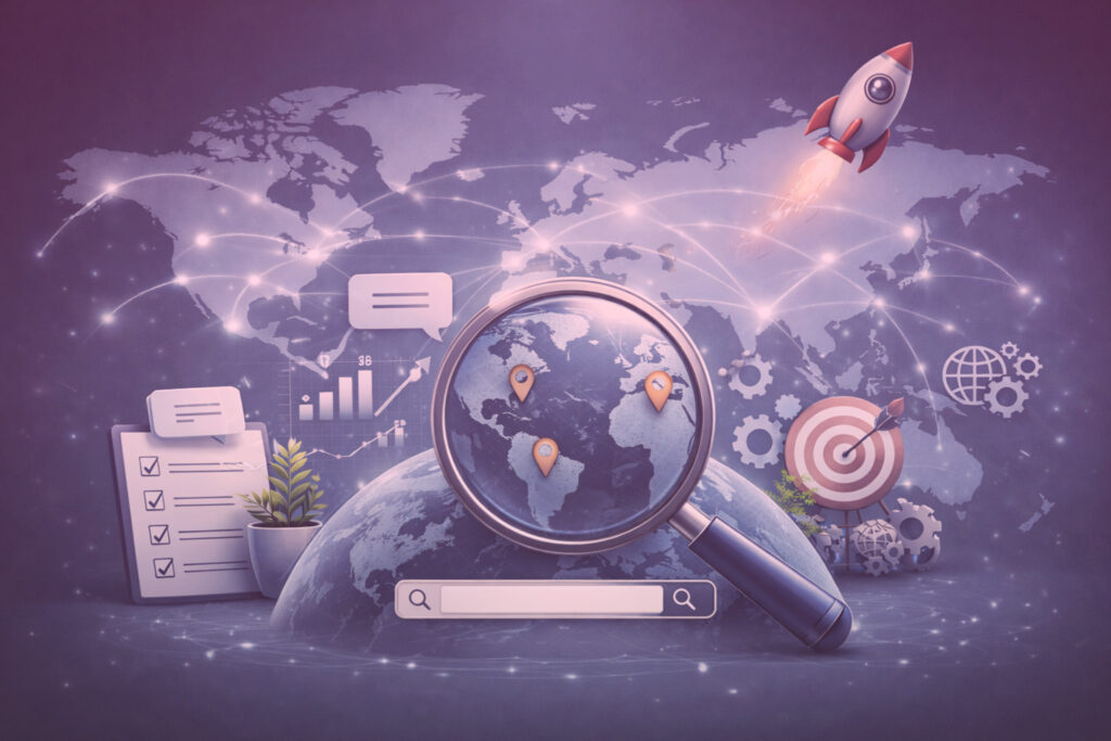 SEO internacional: Mapa mundial con lupa, conexiones globales y elementos de análisis digital.