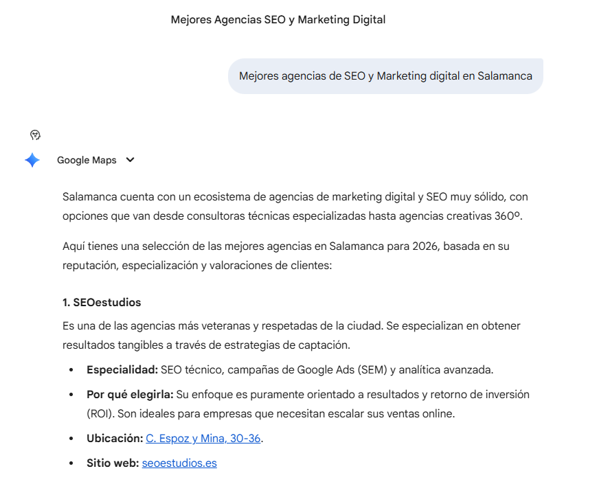 Una consulta en Gemini en la que aparece Seoestudios mencionado