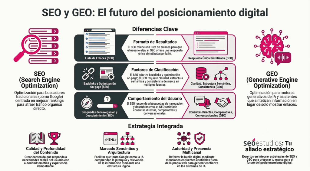 Infografía explicativa del post, con diferencias entre SEO y GEO 