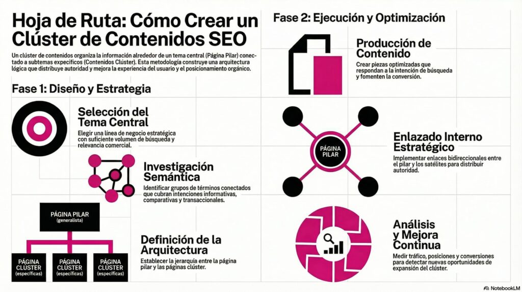 Infografía con los pasos para crear un clúster seo