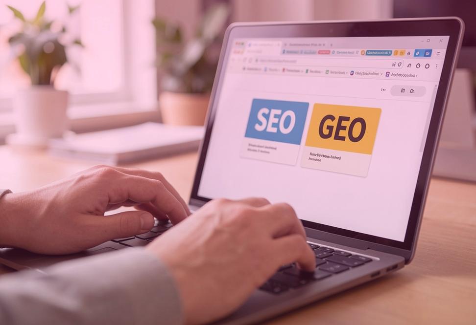 Un ordenador portátil con contenidos sobre SEO y GEO en la pantalla